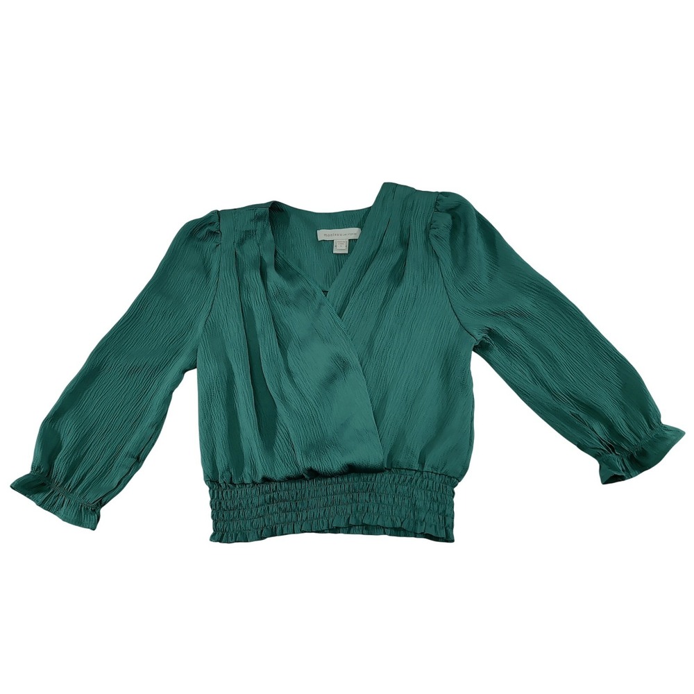 Monteau Los Angeles Teal Green Textured Faux Wrap Long Sleeve Blouse Top NWOT